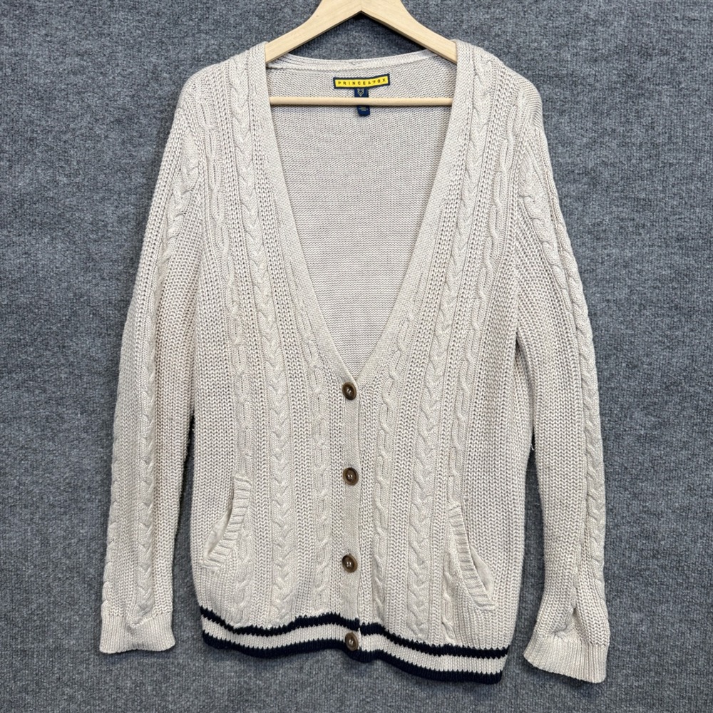 Prince & Fox Sz Large Cardigan Sweater Tan Chunky Cable Knit Preppy Grandpa